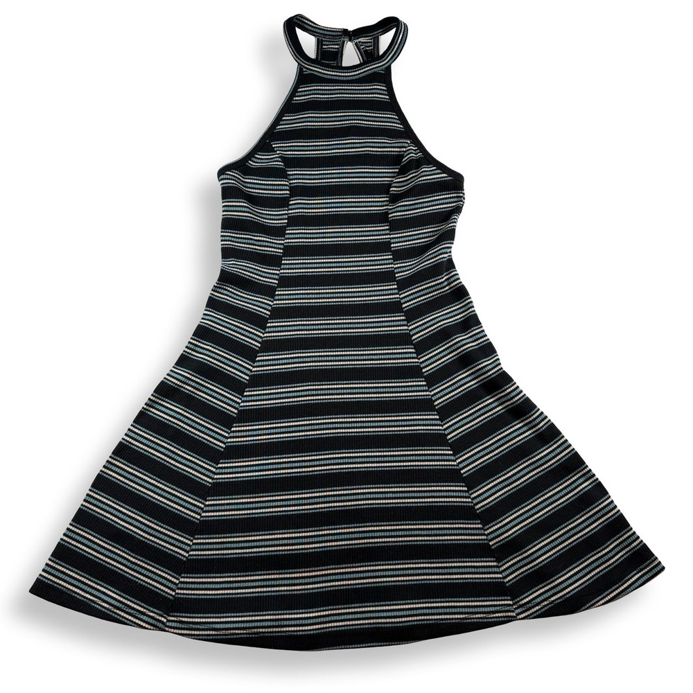 Hollister Sleeveless Halter Skater Dress Black Teal White Striped Ribbed Small